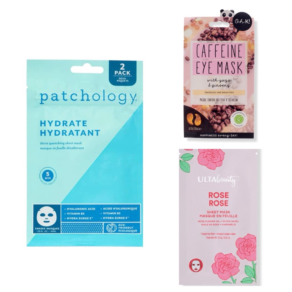 5/$25❣️Patchology Hydrate Sheet Mask Ohk Caffeine Eye Mask & Ulta Rose Mask Trio